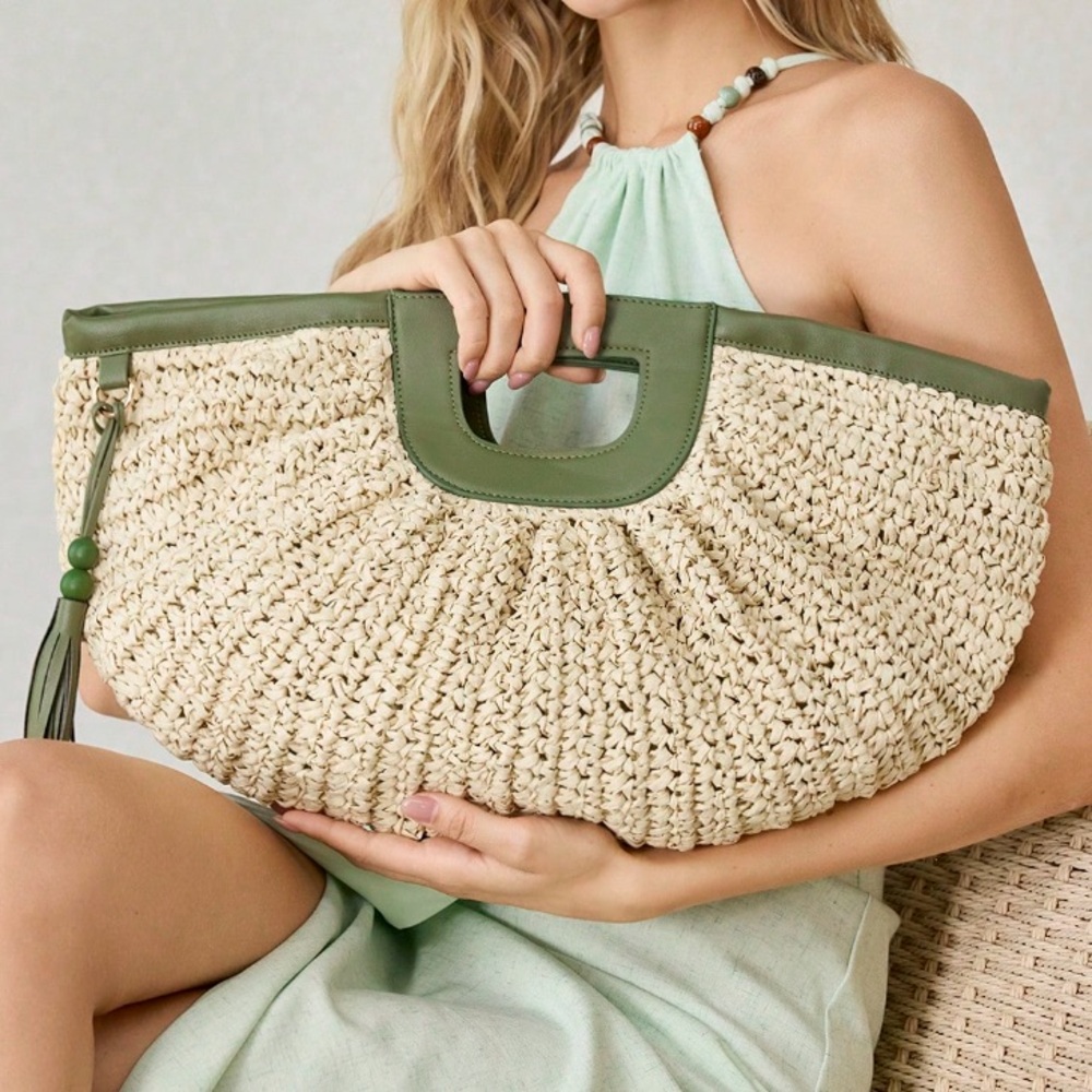 🆕 Ruched Half Round Straw Handbag